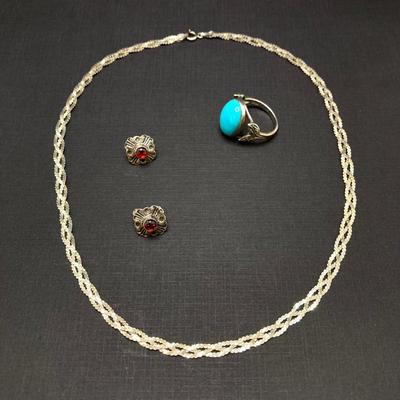 LOT 248: Sterling Silver Jewelry - Ring, Earrings and Chain - 18.4 gtw