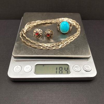 LOT 248: Sterling Silver Jewelry - Ring, Earrings and Chain - 18.4 gtw