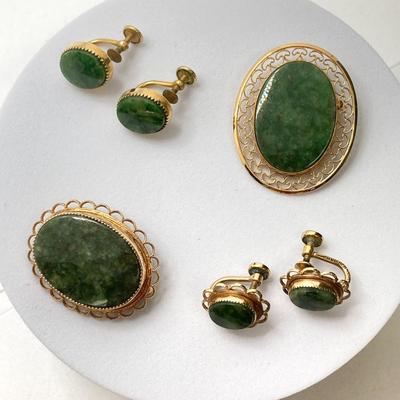 LOT 250: Vintage Moss Agate Gold Filled Collection - Pendant, Brooch and Screw Back Earrings