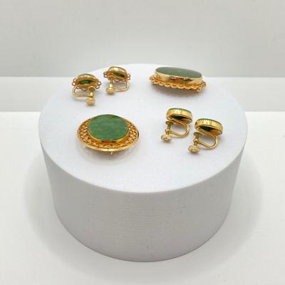LOT 250: Vintage Moss Agate Gold Filled Collection - Pendant, Brooch and Screw Back Earrings