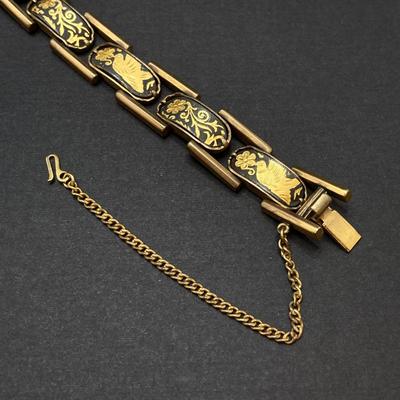 LOT 259: Vintage Bracelets - Damascene Bracelet with Safety Clasp, Sterling, Abalone and More