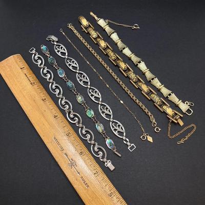 LOT 259: Vintage Bracelets - Damascene Bracelet with Safety Clasp, Sterling, Abalone and More