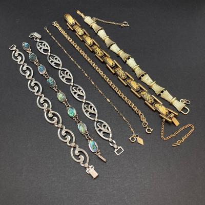 LOT 259: Vintage Bracelets - Damascene Bracelet with Safety Clasp, Sterling, Abalone and More