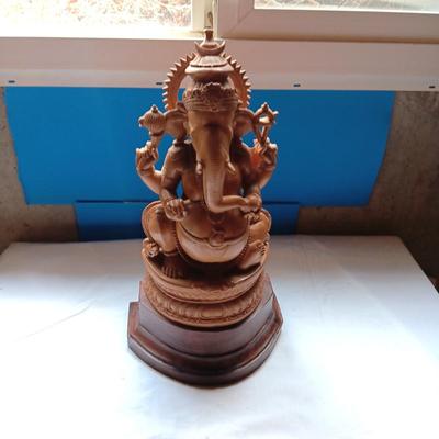 HAND CARVED SANDALWOOD LORD GANESHA, GOD OF WISDOM, PROSPERITY AND GOOD FORTUNE