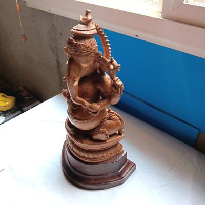 HAND CARVED SANDALWOOD LORD GANESHA, GOD OF WISDOM, PROSPERITY AND GOOD FORTUNE
