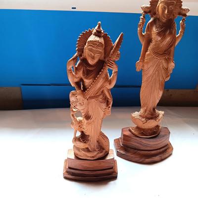 HAND CARVED HINDU GODDESSES SARASWATI & LAKSHMI