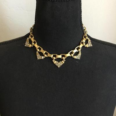 Beautiful satin, gold, toned, rhinestone fashion, choker style necklace