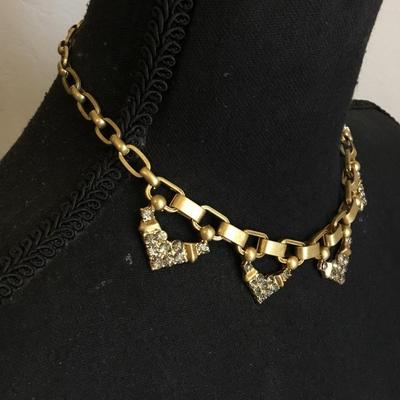 Beautiful satin, gold, toned, rhinestone fashion, choker style necklace