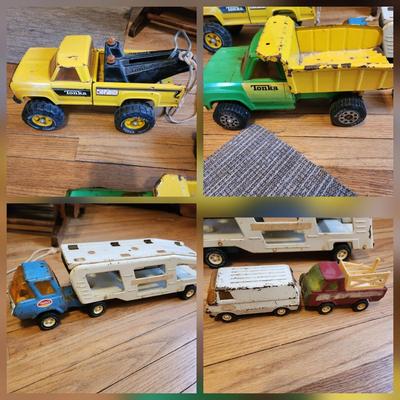 Lot of Vintage Tonka Trucks, Tow Truck, Dump, Car Carrier, mini Van, Buddy L Stake bed Truck