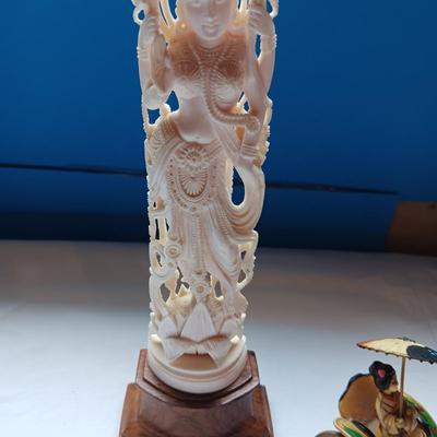 DETAILED, HAND CARVED HINDU GODDESS SARASWATI AND A CELLULOID RICKSHAW