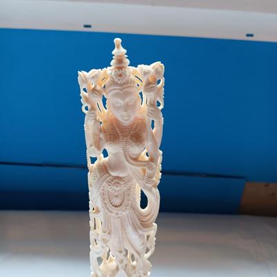 DETAILED, HAND CARVED HINDU GODDESS SARASWATI AND A CELLULOID RICKSHAW