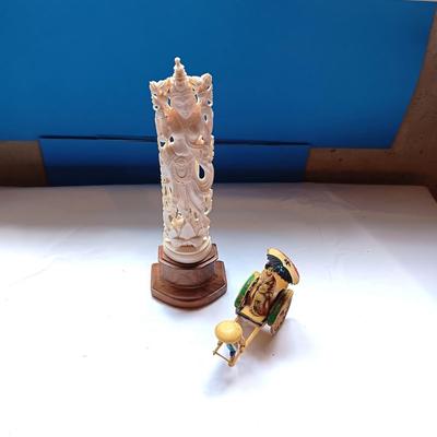 DETAILED, HAND CARVED HINDU GODDESS SARASWATI AND A CELLULOID RICKSHAW