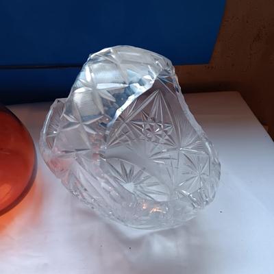 HANDCRAFTED ORANGE GLASS VASE AND A GLASS BASKET