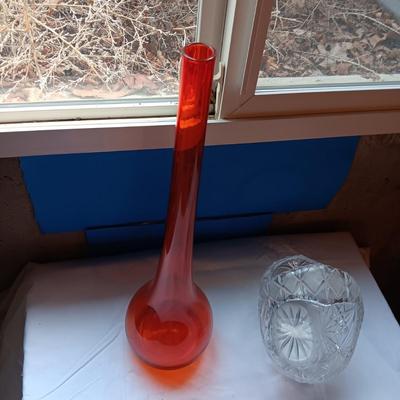 HANDCRAFTED ORANGE GLASS VASE AND A GLASS BASKET