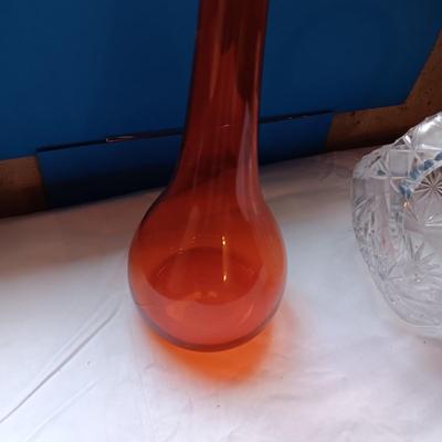 HANDCRAFTED ORANGE GLASS VASE AND A GLASS BASKET