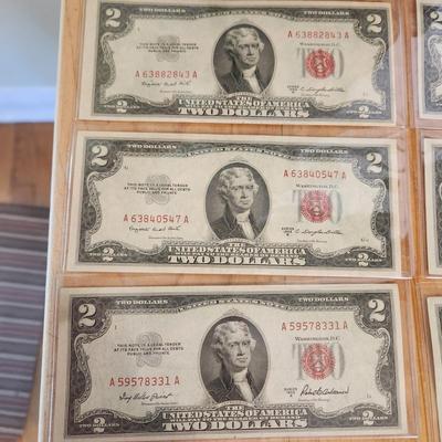Lot of 7 $2 Dollar Bills ***Red Seal*** in Plastic Sleeves 3 1953 4 1963