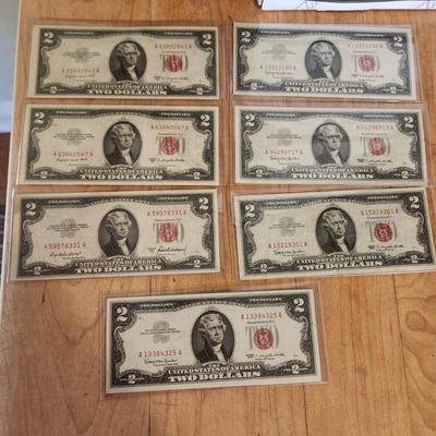Lot of 7 $2 Dollar Bills ***Red Seal*** in Plastic Sleeves 3 1953 4 1963