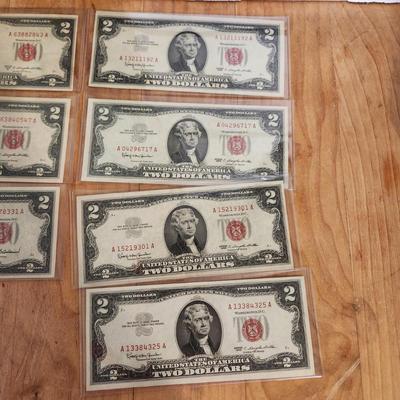Lot of 7 $2 Dollar Bills ***Red Seal*** in Plastic Sleeves 3 1953 4 1963