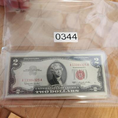 Lot of 7 $2 Dollar Bills ***Red Seal*** in Plastic Sleeves 3 1953 4 1963