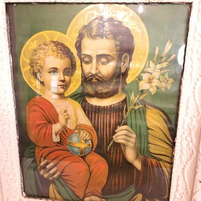 Lot #89 Antique Color Lithograph in Original frame - St. Joseph and the Christ Child