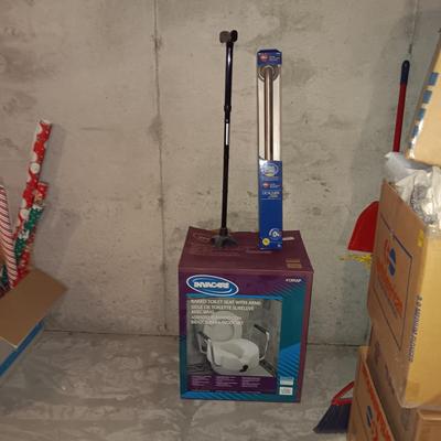 NEW INVACARE RAISED TOILET SEAT WITH ARMS, NEW GRAB BAR AND AN ADJUSTABLE CANE