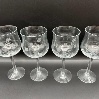 Set of 4 Etched Floral Stemmed Wine Glasses