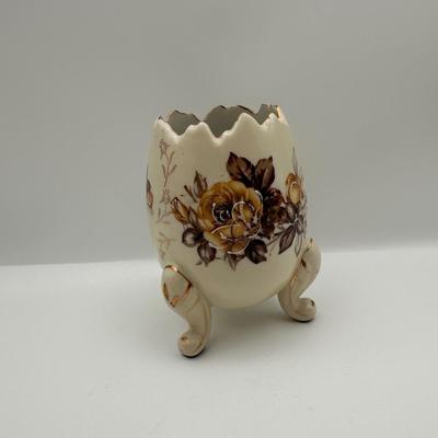 Vintage Hand Painted Porcelain Three Legged Pedestal Egg Vase
