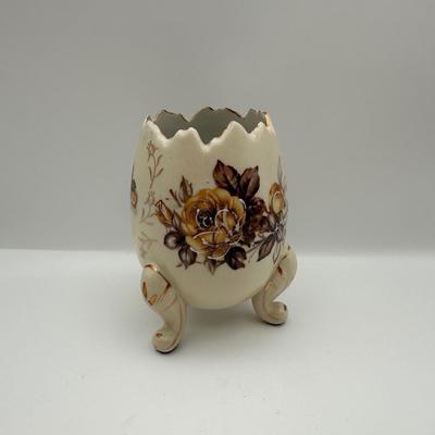 Vintage Hand Painted Porcelain Three Legged Pedestal Egg Vase