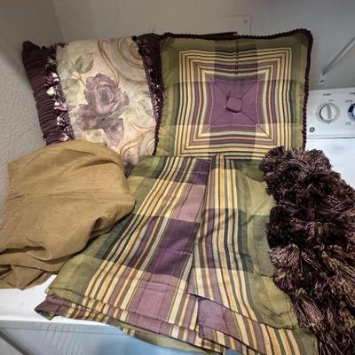Sheets, pillows, and curtains.