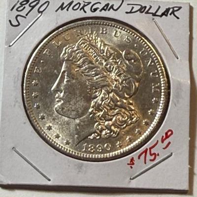 1890-S AU58 CONDITION CLEANED MORGAN SILVER DOLLAR COIN #7 AS PICTURED.