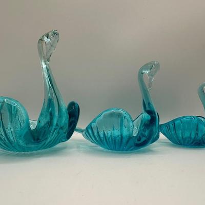 Vintage Aqua Blue Art Glass Nesting Swans Trinket Dishes Set of 3