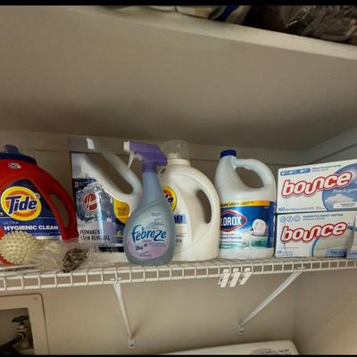 Collection of laundry and cleaning products, including detergents, stain removers, and fabric refreshers.