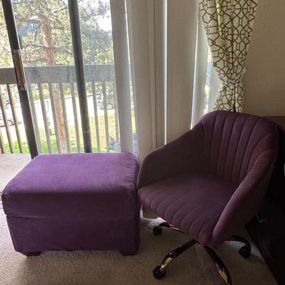 Modern leisure or office chair with a velvet upholstery and a matching ottoman.