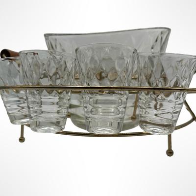 Glass Mid-Century Clear Diamond Pattern Punch / Ice Bucket Set with 8 Glasses & Gold Wire Carrier