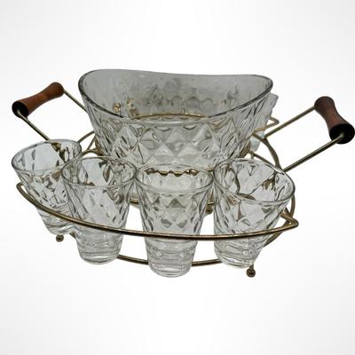 Glass Mid-Century Clear Diamond Pattern Punch / Ice Bucket Set with 8 Glasses & Gold Wire Carrier