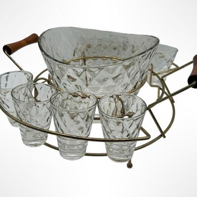Glass Mid-Century Clear Diamond Pattern Punch / Ice Bucket Set with 8 Glasses & Gold Wire Carrier