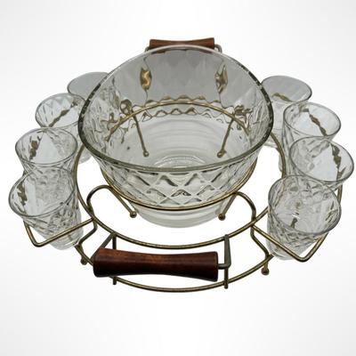Glass Mid-Century Clear Diamond Pattern Punch / Ice Bucket Set with 8 Glasses & Gold Wire Carrier
