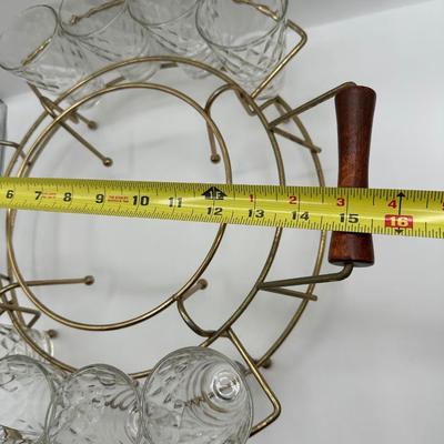 Glass Mid-Century Clear Diamond Pattern Punch / Ice Bucket Set with 8 Glasses & Gold Wire Carrier