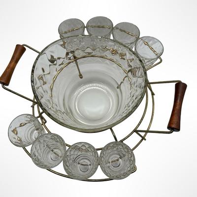 Glass Mid-Century Clear Diamond Pattern Punch / Ice Bucket Set with 8 Glasses & Gold Wire Carrier