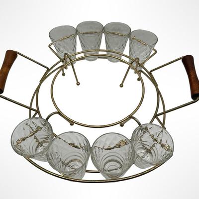 Glass Mid-Century Clear Diamond Pattern Punch / Ice Bucket Set with 8 Glasses & Gold Wire Carrier
