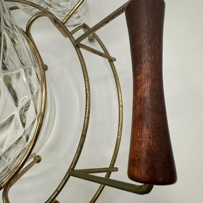 Glass Mid-Century Clear Diamond Pattern Punch / Ice Bucket Set with 8 Glasses & Gold Wire Carrier