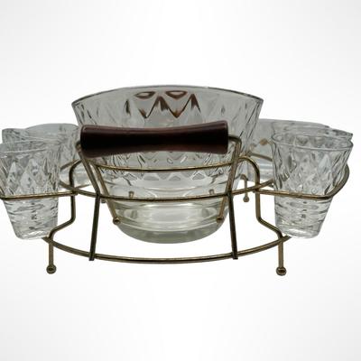 Glass Mid-Century Clear Diamond Pattern Punch / Ice Bucket Set with 8 Glasses & Gold Wire Carrier