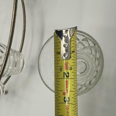 Glass Mid-Century Clear Diamond Pattern Punch / Ice Bucket Set with 8 Glasses & Gold Wire Carrier