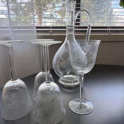 Vintage Etched Glass Decanter Set.