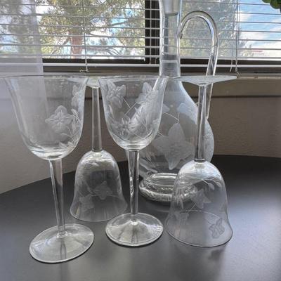 Vintage Etched Glass Decanter Set.