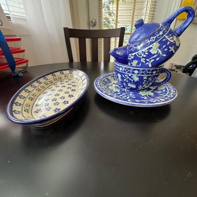 Polish Pottery with blue floral pattern.