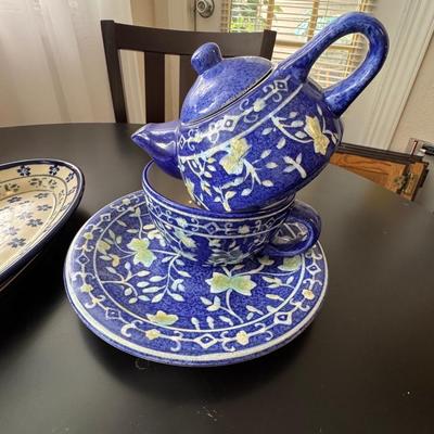 Polish Pottery with blue floral pattern.