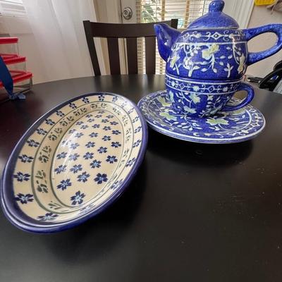 Polish Pottery with blue floral pattern.