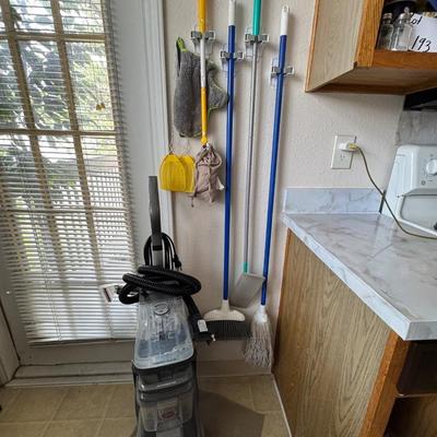 Cleaning supplies and Hoover steam cleaner.