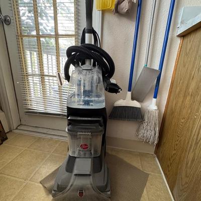 Cleaning supplies and Hoover steam cleaner.
